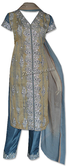  Beige/Turquoise Crinkle Chiffon Suit | Pakistani Dresses in USA- Image 1