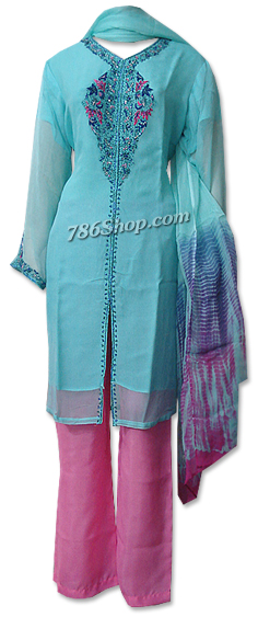  Sea Green/Pink Chiffon Suit | Pakistani Dresses in USA- Image 1