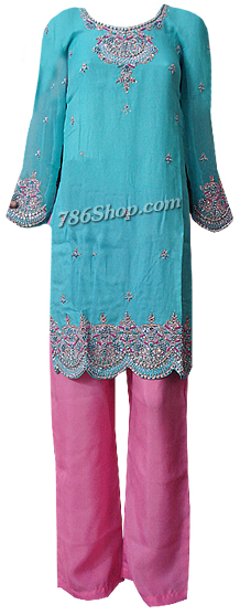  Turquoise/Pink Chiffon Suit | Pakistani Dresses in USA- Image 1