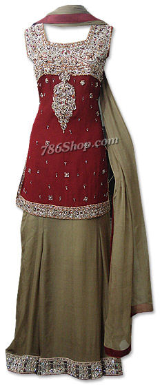  Maroon/Beige Chiffon Lehnga | Pakistani Wedding Dresses- Image 1