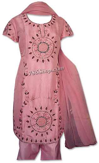  Pink Raw Silk Trouser Suit   | Pakistani Dresses in USA- Image 1