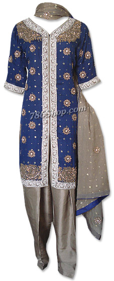  Navy Blue/Brown Chiffon Suit | Pakistani Dresses in USA- Image 1