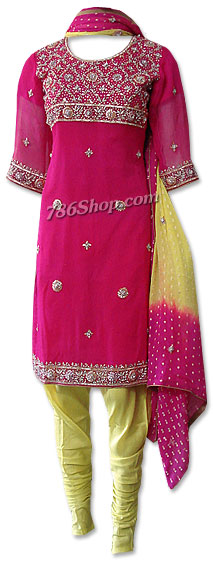  Hot Pink/Yellow Chiffon Suit | Pakistani Dresses in USA- Image 1