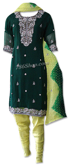  Dark Green/Yellow Chiffon Suit | Pakistani Dresses in USA- Image 1