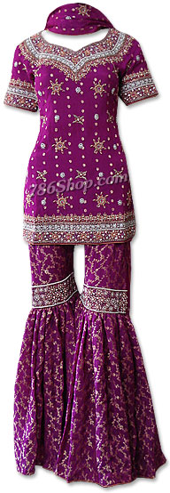  Dark Purple Jamawar Zari Gharara  | Pakistani Wedding Dresses USA- Image 1