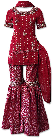  Red Jamawar Zari Gharara   | Pakistani Wedding Dresses- Image 1