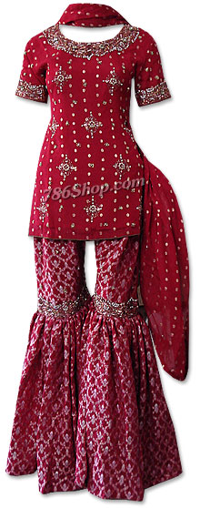  Red Jamawar Zari Gharara   | Pakistani Wedding Dresses USA- Image 1
