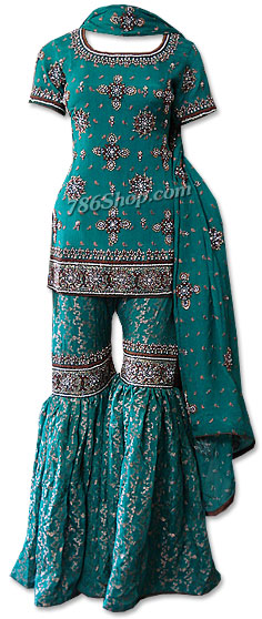  Sea Green Jamawar Zari Gharara | Pakistani Wedding Dresses- Image 1