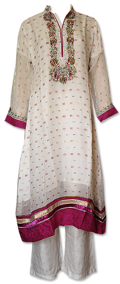  Off-white Chiffon Jamawar Suit | Pakistani Dresses in USA- Image 1