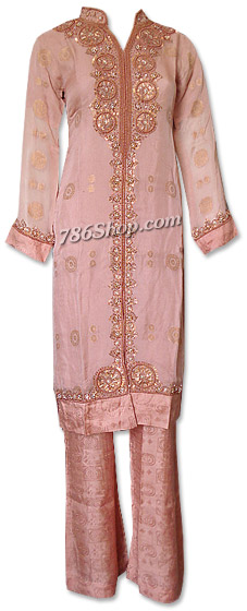  Peach Chiffon Jamawar Suit | Pakistani Dresses in USA- Image 1