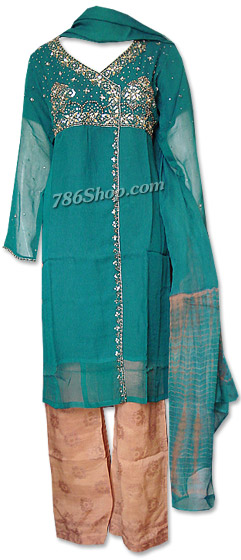  Sea Green/Peach Chiffon Suit | Pakistani Dresses in USA- Image 1