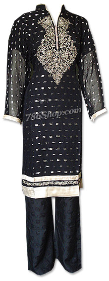  Black Chiffon Jamawar Suit | Pakistani Dresses in USA- Image 1