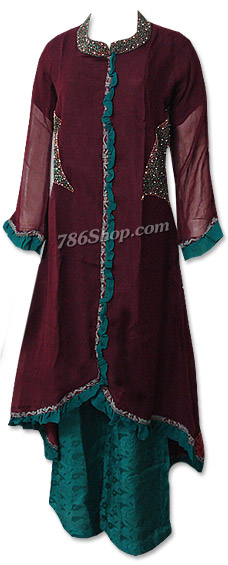  Dark Brown/Green Chiffon Suit  | Pakistani Dresses in USA- Image 1