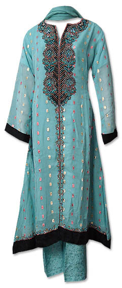  Turquoise Jamawar Chiffon Suit  | Pakistani Dresses in USA- Image 1