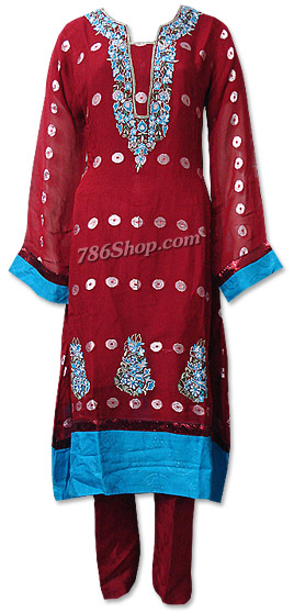  Red Chiffon Jamawar Suit    | Pakistani Dresses in USA- Image 1