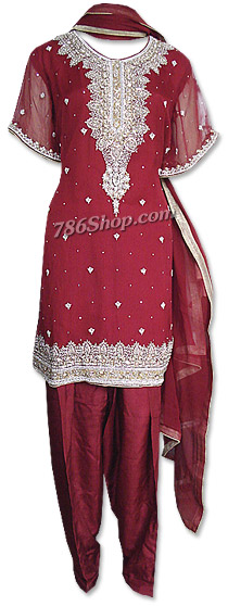  Red Crinkle Chiffon Suit | Pakistani Dresses in USA- Image 1