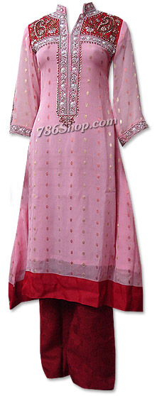  Pink/Red Jamawar Chiffon Suit  | Pakistani Dresses in USA- Image 1