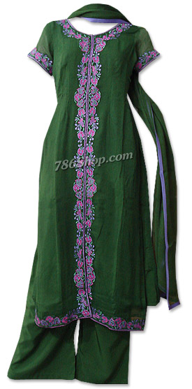  Green Chiffon Suit   | Pakistani Dresses in USA- Image 1