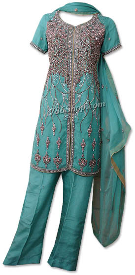  Sea Green Crinkle Chiffon Suit | Pakistani Dresses in USA- Image 1