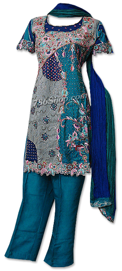  Teal Green/Grey Raw Silk Suit | Pakistani Dresses in USA- Image 1