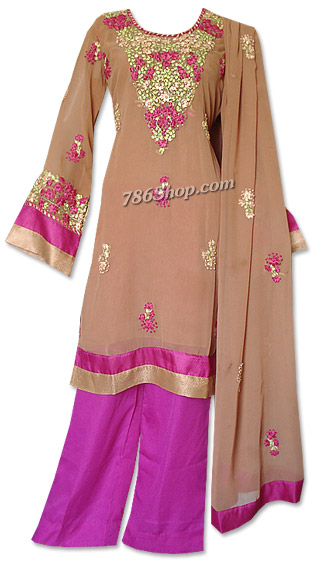  Brown/Hot Pink Georgette Suit  | Pakistani Dresses in USA- Image 1