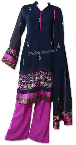  Navy Blue/Hot Pink Georgette Suit  | Pakistani Dresses in USA- Image 1