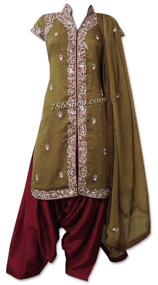  Mehdi Green/Maroon Crinkle Chiffon Suit | Pakistani Dresses in USA- Image 1