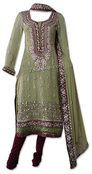  Pistachio Green Crinkle Chiffon Suit | Pakistani Dresses in USA- Image 1