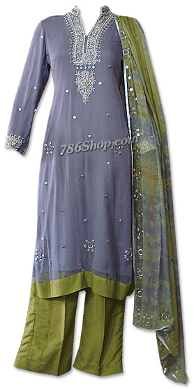  Blueberry/Parrot Green Crinkle Chiffon Suit | Pakistani Dresses in USA- Image 1