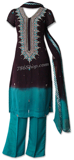  Dark Brown/Turquoise Crinkle Chiffon Suit  | Pakistani Dresses in USA- Image 1