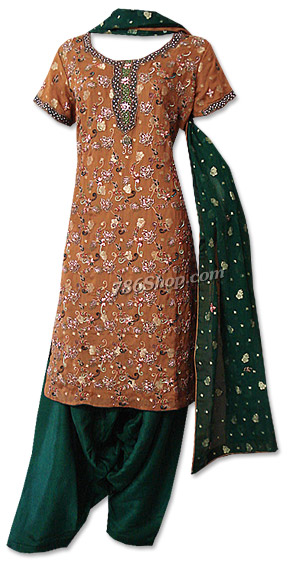  Rust/Dark Green Jamawar Chiffon Suit | Pakistani Dresses in USA- Image 1