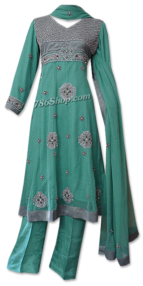  Sea Green Crinkle Chiffon Suit | Pakistani Dresses in USA- Image 1