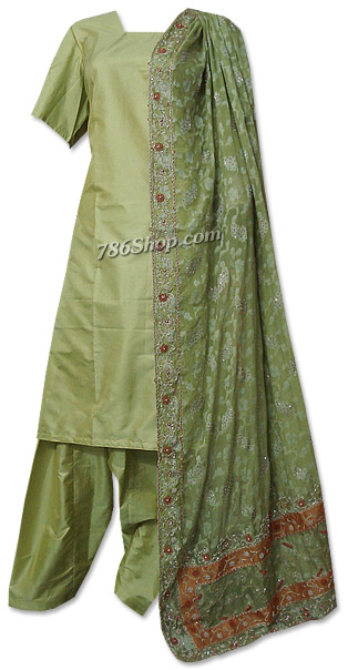  Green Pure Katan Silk Suit  | Pakistani Dresses in USA- Image 1