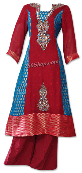  Red Jamawar Chiffon Suit  | Pakistani Dresses in USA- Image 1