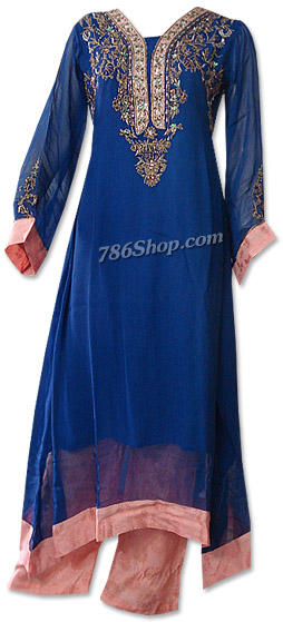  Royal Blue/Peach Chiffon Suit | Pakistani Dresses in USA- Image 1