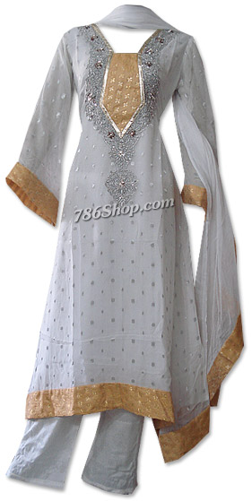  White Jamawar Chiffon Suit | Pakistani Dresses in USA- Image 1