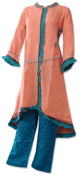  Peach/Turquoise Chiffon Suit | Pakistani Dresses in USA- Image 1