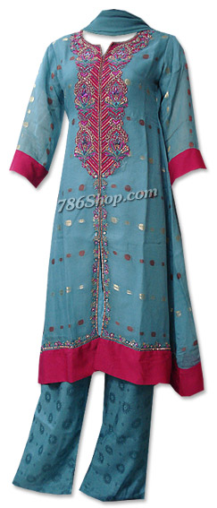  Turquoise Jamawar Chiffon Suit  | Pakistani Dresses in USA- Image 1