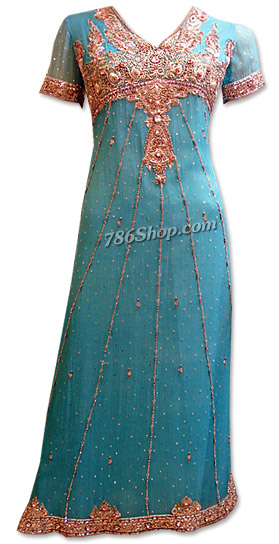  Turquoise Crinkle Chiffon Suit  | Pakistani Dresses in USA- Image 1