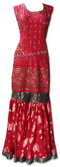  Red Raw Silk Gharara  | Pakistani Wedding Dresses- Image 1