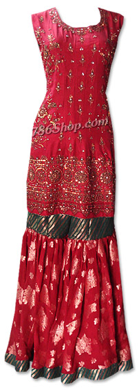  Red Raw Silk Gharara  | Pakistani Wedding Dresses USA- Image 1