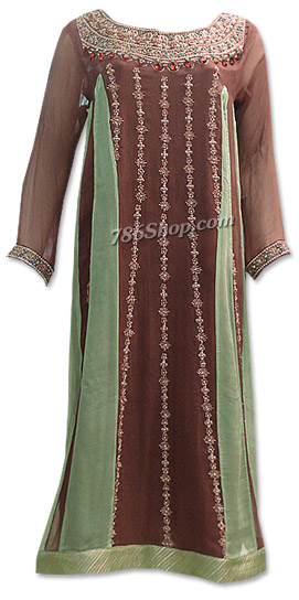  Brown/Light Green Crinkle Chiffon Suit | Pakistani Dresses in USA- Image 1