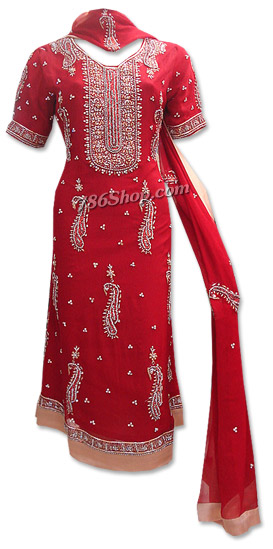  Red Crinkle Chiffon Suit | Pakistani Dresses in USA- Image 1