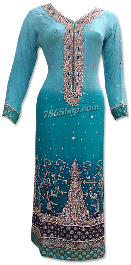 Turquoise Crinkle Chiffon Suit  | Pakistani Dresses in USA