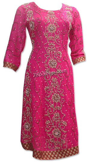  Hot Pink Crinkle Chiffon Suit  | Pakistani Dresses in USA- Image 1