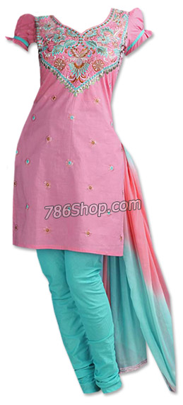  Pink/Sea Green Cotton Suit   | Pakistani Dresses in USA- Image 1