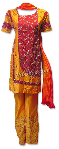 Maroon/Mustard Silk Suit  | Pakistani Dresses in USA- Image 1