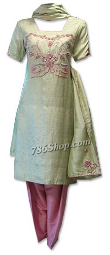  Light Green/Pink Silk Suit | Pakistani Dresses in USA- Image 1