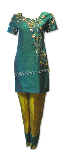  Dark Green/mustard Pure Silk Suit | Pakistani Dresses in USA- Image 1