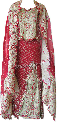  Maroon/Cream Katan Silk Jamawar Lehnga | Pakistani Wedding Dresses USA- Image 1